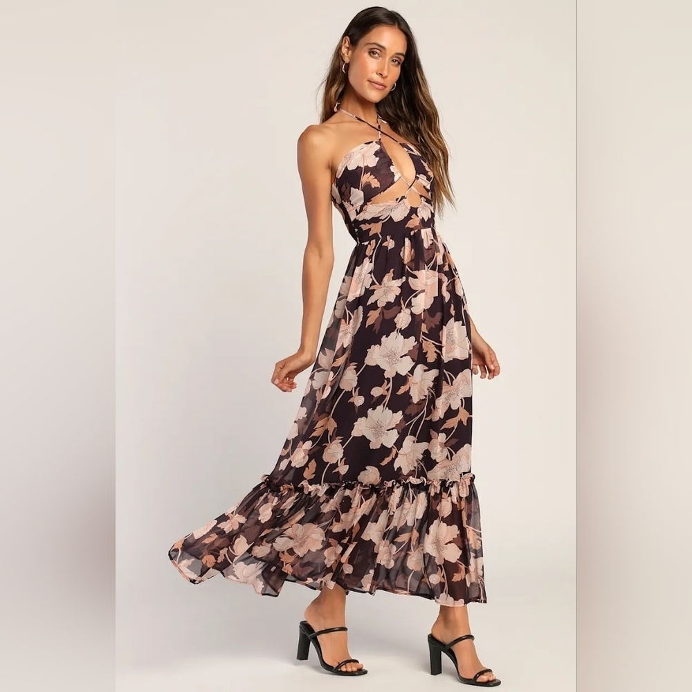 Lulus Blooming Elegance Purple Floral Cutout Halter Maxi Dress S Wedding Party - Picture 3 of 9
